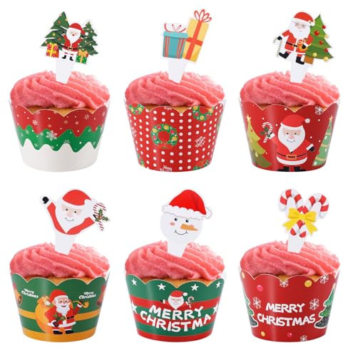 60pcs Christmas Cupcake Toppers & Wrappers, 5 Styles Cute Christmas Cupcake Picks and Liners Santa Tree Gift Cake Cases Decorations Insert for Xmas Party Baking Supplies