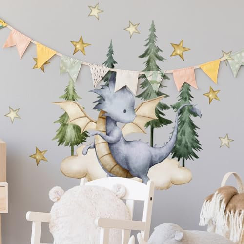 WandSticker4U®- XXL Wandtattoo DRACHEN im WALD blau groß (109x53 cm) I Groß Drache Wandaufkleber Babyzimmer Tiere Sterne Wolken I Dino Wandsticker Kinderzimmer Deko Junge Mädchen selbstklebend
