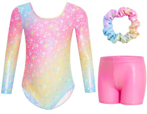 Gogokids Gymnastikanzug mit Strass für Mädchen, langärmelig, Kinder-Tanzanzug mit Shorts, 9-10 Jahre
