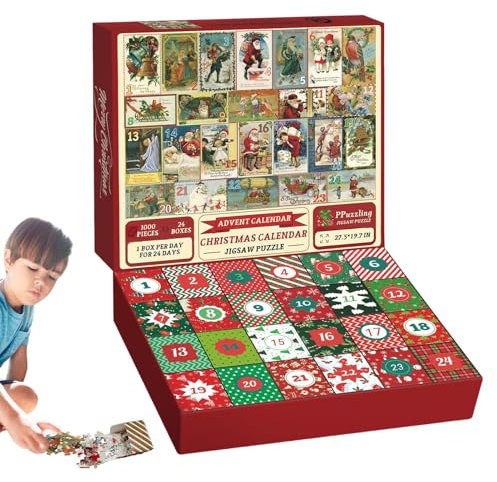 Adventskalender 2024 Weihnachtspuzzles – einzigartiger Adventskalender mit 1000 Teilen | Lustiger Countdown für den Urlaub, Weihnachtsthema Puzzle für Spaß mit der Familie, tolles C