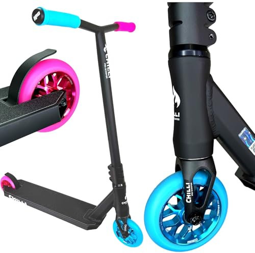 Chilli Pro Base Critter Stunt-Scooter Park I Anfänger I Profi I Trick I Tret I Kinder I Roller I Schnelle Rollen I ABEC 9 I Stahl Lenker I Fantic26 Griptape I (LTD Custom H=75 Pink/Blau)