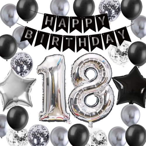 Schwarz Silber 18. Geburtstag Dekoration, 18. Banner Nummer 18 Folienballons Metallic Silber 18. Konfetti Latex Luftballons für Mädchen Jungen Freund 18 Jahre Geburtstag Partydekoration
