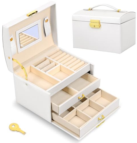 Fohil Boite a Bijoux Femme,3 Niveau Rangement Bijoux,Organisateur de Bijoux avec Miroir et clé,Boîte à Bijoux de Voyage Avec Poignée Boucles d'oreilles, Bagues, Colliers Idée Cadeau,Blanc