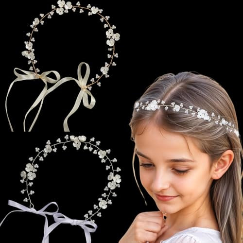 2 Stück Blumenkranz Haare Kinder, Haarschmuck Kommunion Mädchen,Hochzeit Blumen Haarkranz,Weiß Perle Haarreifen Kopfbedeckung,Blume Haarschmuck Mädchen,Haarreifen Mädchen for Hochzeit, Geburtstag