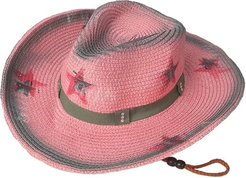 FakeFace Retro Strohhut Sonnenhut Damen Stern Cowboyhut mit Breiter Krempe UV-Schutz Strandhut Western Panama Floppy Beach Sun Hat Cowgirl-Hut Sommerhut für Kostüm Karneval Partys Reisen