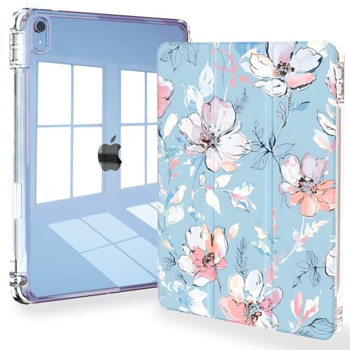 Feams Schutzhülle für iPad A16, 11. Generation ,11 Zoll, 2025, iPad 10. Generation, 10,9 Zoll, 2022, schlankes Case, transparente Rückseite, Stiftebehälter, automatischer Schlafmodus, blaue Blume