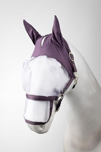 Horze Paso Fino Pferde Halfter mit Integrierter Fliegenmaske – Robustes Halfter mit UV-Schutz, Ohren- & Augenschutz, Dunkellila, C
