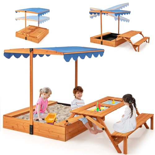 COSTWAY 3 en 1 Bac à Sable en Bois Enfant avec Toit Ajustable & Doublure, Table de Pique-Nique Pliable avec Banc & 2 Bacs Amovibles, Table Sensorielle Extérieure pour 3 Ans+, 206 x 124 x 129 cm