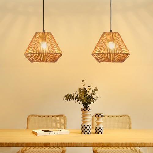 Deboola Hängelampe Boho Hängeleuchte Rattan Hanfseil - 2ER Pendellampe Diamant Design Esstisch Vintage Pendelleuchte E27 Esstischlampe für Esszimmer Schlafzimmer Wohnzimmer Flur(Ohne Leuchtmittel)
