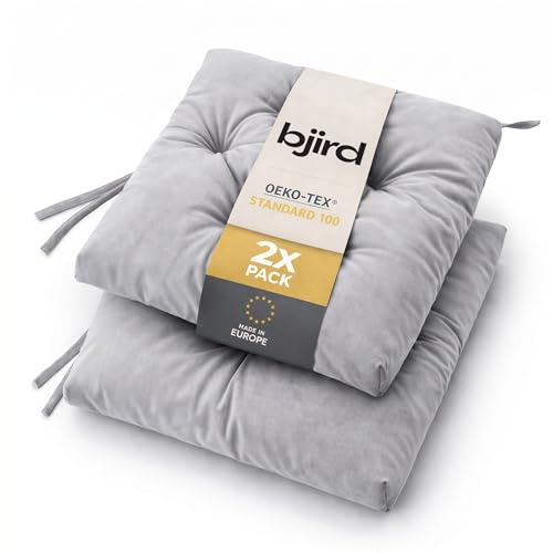 Bjird Wasserdichtes Stuhlkissen 45x45 cm – Gartenkissen für Stühle & Sessel – Dickes Sitzkissen 6 cm – Outdoor Sitzauflage für Gartenmöbel – Wetterfest & Pflegeleicht - 2er Set - Aschgrau