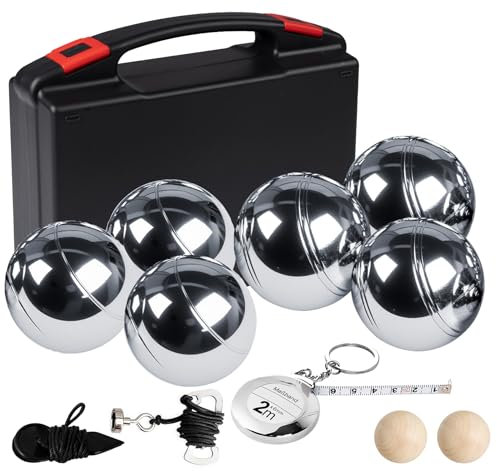 Lindahandel Boule Set mit Boccia Kugeln & Gravur – Personalisierte Petanque Metallkugeln (73mm/720g) mit Abstandsmesser, Magnet & Tragetasche für Garten, Strand, Park (Muster D + 6 Bälle)