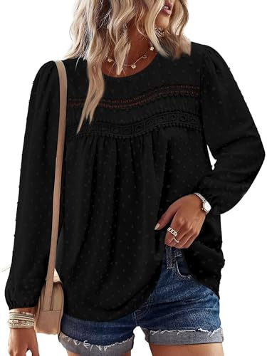 CHICZONE Womens Chiffon Blouses Tunic Tops Long Sleeve Crew Neck T-Shirt Flowy Lace Hem Boho Clothing A Black