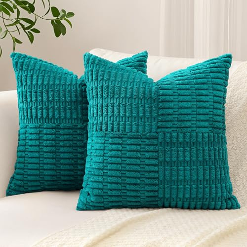 Sungeek 2er Set Cord Kissenbezüge, Kreuz Streifen Muster Kordsamt Kissenbezug Sofakissen Dekokissen Patchwork Design Boho Zierkissenbezüge Deko Kissenhülle für Wohnzimmer (40x40cm, Teal)