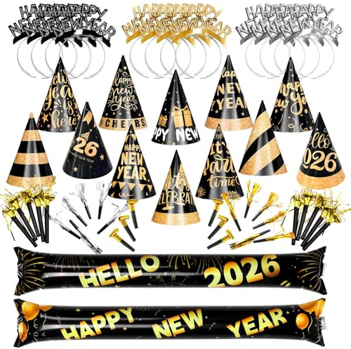 Alaiyaky New Years Eve Party Accessories Set, 64 Pcs 2026 Party Supplies Suit with Happy New Year Headband Clapping Sticks Party Blowers Hats, Black and Gold Photo Booth Props for New Years 2026