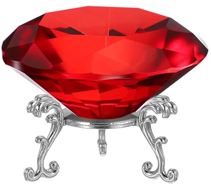 PATIKIL Diamant Kristall Briefbeschwerer 80mm / 3.15 Zoll Papiergewicht Rot | Kristall Briefbeschwerer, Mit Silberner 19mm Metallbasis, Für Zuhause Büro Schreibtisch Deko