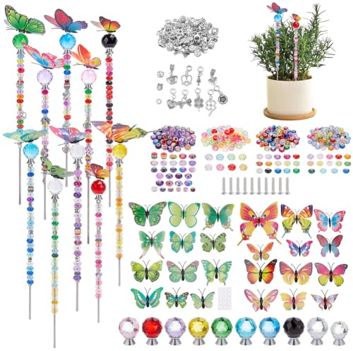OLYCRAFT 318 Stück Perlen Gartenstecker Set DIY Schmetterlings Feenstab Stecker Set Enthalten: 10 Gewindestangen 10 Kristallspitzen 24 Schmetterlingsspitzen 254 Bunte Perlen Für Die Dekoration