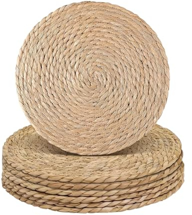 comfoyar Set di 6 Tovagliette Americane Naturale Rotondo Intrecciato, Antiscivolo in Giacinto D'Acqua Tovagliette Americane Resistente al Calore per Cucina Decorazione, Tavola di Feste 33cm