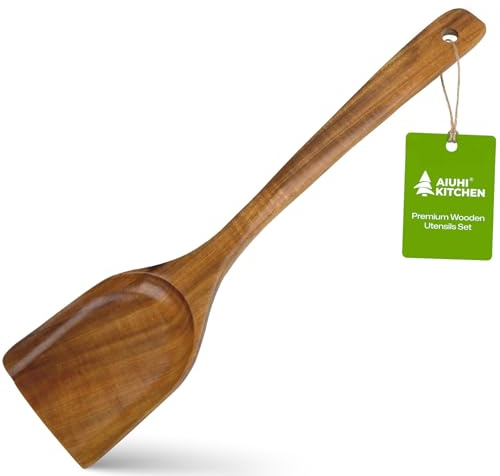 AIUHI Teak Wood Wok Spatula, Wooden Spatula for Cooking with Ergonomic Handle & Hanging Hole, Non-Stick Safe Wooden Turner for Stir-Frying, Mixing & Serving