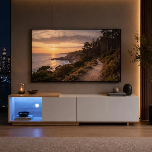 Mobile Basso per TV con LED, Mobile TV Camera da Letto, Lunghezza con 3 Cassetti e Spazio Aperto, 163-240 cm, Mobile Moderno TV Soggiorno Applicabile a Televisori Fino a 65 Pollici, 240x38x44, Bianco
