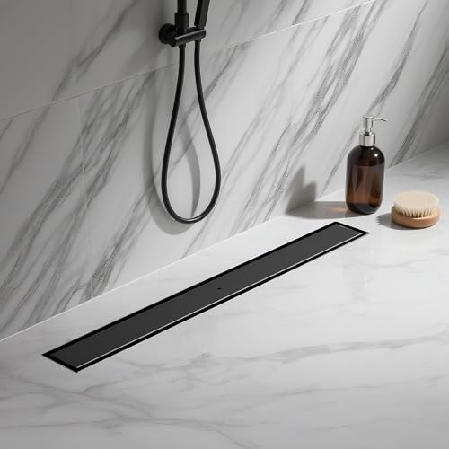 KINKIBOS Duschrinne Befliesbar 80cm Schwarz Matt, 360° Siphon mit Geruchsstop und Haarsieb, 304 Edelstahl Ablaufrinne Bodenablauf Duschablauf sehr Flach DN50 DN40
