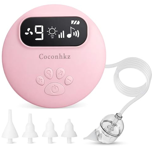Mouche Bébé Électrique Coconhkz 9 niveaux d'aspiration,Aspirateur nasal bebe electrique,Mouche nez bébé 4 Embouts en Silicone sans bpa, Melodies douce et Veilleuse 3 intensités de lumières.(rose)