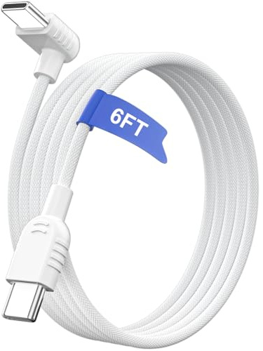 90 Degree USB C Cable 6FT Right Angle 60W Fast Charging Dual Type C Braided Charger Cord for Samsung Galaxy S26 Ultra, for iPhone 16/17, for Mac mini M4, for iPad, for Gaming Controllers, White