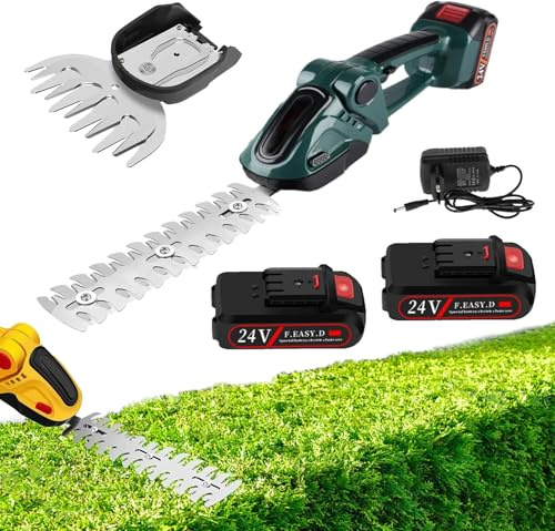 Taille-Haie sans Fil 24V, Cisaille À Gazon 2-en-1 avec 2 Batteries 2000 mAh Et Chargeur, Taille-Arbustes Et Coupe-Bordure, Portable 20 000 TR/Min avec 2 Lames, pour Jardin Et Pelouse (Vert)