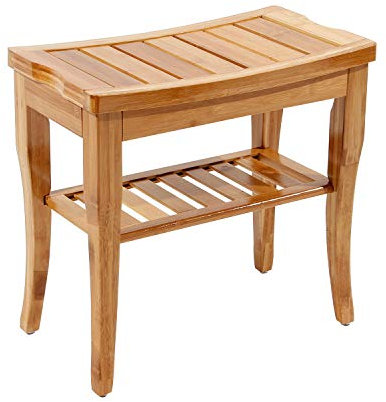 SogesHome Taburete de baño Taburete Antideslizante Taburete de Ducha Taburete de Madera Taburete de baño Taburete de bambú con Estante de Almacenamiento, KS-HSJ-04-SH