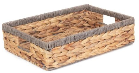 Red Hamper Medium Shallow Rectangular Water Hyacinth with Grey Rope Border Storage Basket, Brown