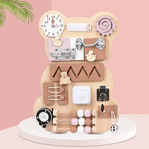 KKTECT Montessori Busy Board Motorikwand Sensorisches Spielbrett mit Schlüssel, Riegel, Uhr Erlernen der Feinmotorik Handgefertigte Holztafeln für sensorische Aktivitäten Denkspiel Spielzeug Geschenk