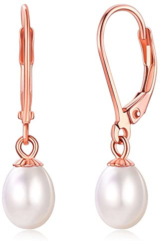 FOCALOOK Femme Boucle d'Oreille Dormeuse Perle de Culture Plaqué Or Rose, 6mm Sterling Silver Pearl Earrings
