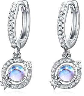 Mondstein Ohrringe 925 Sterling Silber - Planet Tropfen Klappcreolen für Kinder und Damen - 14mm Durchmesser - Klein Mondstein Schmuck