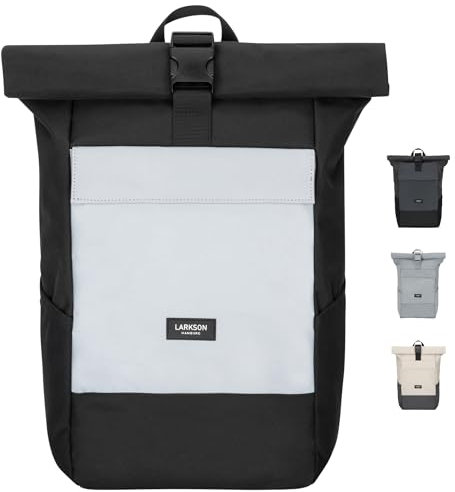 LARKSON Rucksack Damen Herren Schwarz Reflektierend - No 4 - Rolltop Backpack mit Laptopfach für Uni, Arbeit & Fahrrad - Großer Reiserucksack - Wasserabweisend
