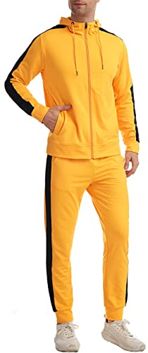 congluoki Trainingsanzüge für Herren, Trainingsanzug, 2-teiliges Set, Reißverschluss, Gelbe und schwarze Streifen, X-Large