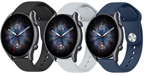 Oumida Cinturino per Amazfit GTR 47mm /GTR 2 /GTR 2e /GTR 3 /GTR 3 Pro/GTR 4, 3 Pezzi 22mm Cinturino Morbido Silicone per Amazfit GTR 47mm ﻿, Nero+Grigio+Navy