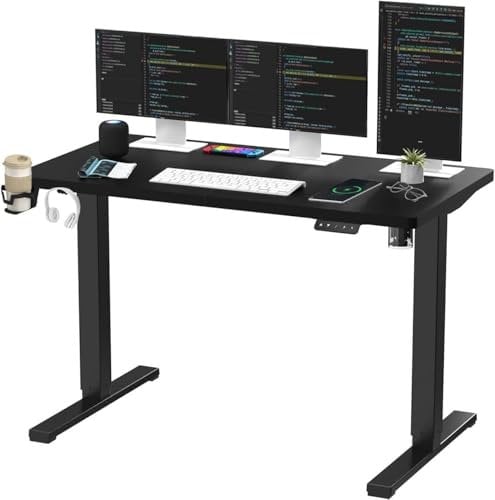 SANODESK QS1+140 * 60 Electric Standing Desk Height Adjustable Standing Desk With Memory Smart Panel Sit Stand Table With Hooks and Cupholder for Home Office (Black Frame+ Black Desktop)