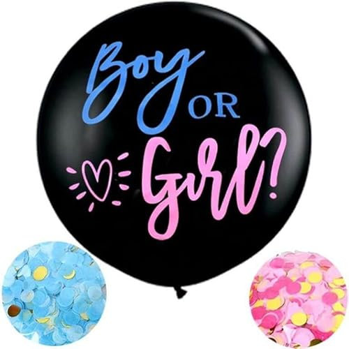 FLG | Gender Reveal Ballon Helium XXL Schwarz mit Boy or Girl? Druck - Größe: 90 cm - Latexballon inklusive Rosa & Blauen Konfetti + Nadel Geschlechtsenthüllungsfeier Balloon
