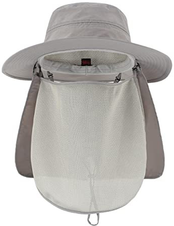 Magracy Sonnenhut für Herren, LSF 50+, breite Krempe, Safari-Hut mit Halsklappe, Gesichtsabdeckung, Hellgrau