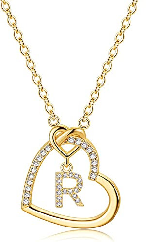 LIHELEI Damen Halskette Herz Buchstabe 925 Silber Kette Damen Personalisiere Kette, Geburtstags und Weihnachten Geschenk Für Frauen Mädchen Mama Freundin - R(Gold)