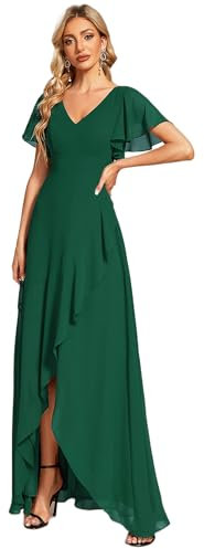 Ever-Pretty Vestido de Fiesta Escote en V Manga Volantes sin Respaldo A-línea Alto Bajo Largo sin Elasticidad para Mujer Cómodo Verde Oscuro 50