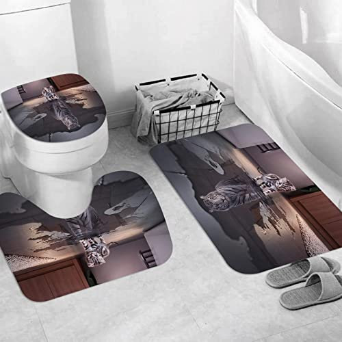 JIFOME Badteppich 3 Stück Weiche saugfähige Badematten,Katze und Tiger lustiges Tier,rutschfeste Badematte Teppiche & Toilettendeckelabdeckung Set Waschbar