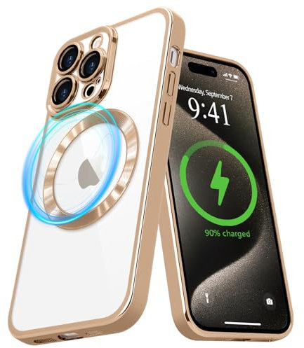 Pepmune Magnetic Case for iPhone 15 Pro Compatible with MagSafe Wireless Charging and Camera Lens Protector,Clear Plating Bumper Protective Phone Case-Gold