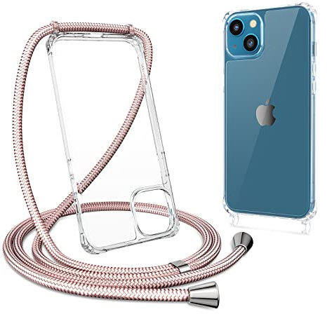 ZTOFERA Crossbody Lanyard Case for iPhone 15, Ultra Clear Hard Back with Soft Bumper Protective Phone Case with Strap Adjustable Neck Cord Necklace Shockproof Cover for iPhone 15, Rose Gold