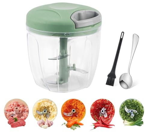Hachoir Manuel 900 ml, Hachoir Oignon Avec 4 Lames En Acier Inoxydable, 1 cuillère 1 brosse de nettoyage, Hachoir Oignon Manuel Avec Tire-câble, pour Oignon, Ail, Viande, Légumes, Fruit (vert)