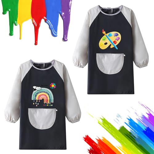 2 Malschürze Kinder für 125-145CM,Malkittel Kinder,Wasserdichte Malkittel für Schulkinder mit Ärmeln und 3 Taschen, Schürze Kinder für Malerei, Kochen, Essen,Laboraktivität