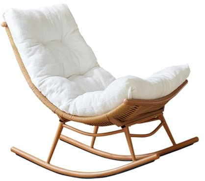 HARELA Schaukelstuhl für die Terrasse im Freien, Rattan-Schaukelstuhl mit gepolstertem Kissen, für den Außenbereich, drinnen und draußen, Schaukelstuhl für Wohnzimmer, Kinderzimmer, Veranda, Garten