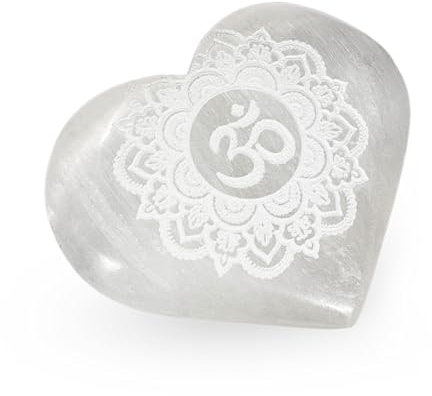 NKlaus Selenit Herz 6x7,5 cm mit Om Symbol – Energiestein für Meditation, Reiki & Chakra-Heilung, handgefertigt & spirituell, ideal als Schutz- und Deko-Stein