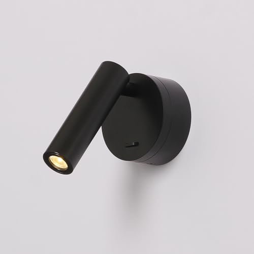 DAWALIGHT Aplique Pared Interior Lámpara Lectura con Interruptor Blanco Cálido Luz 3W LED 3000K Ajustable ángulo para Cama Dormitorio Salas de Estar y Hotel, Aluminio, Negro