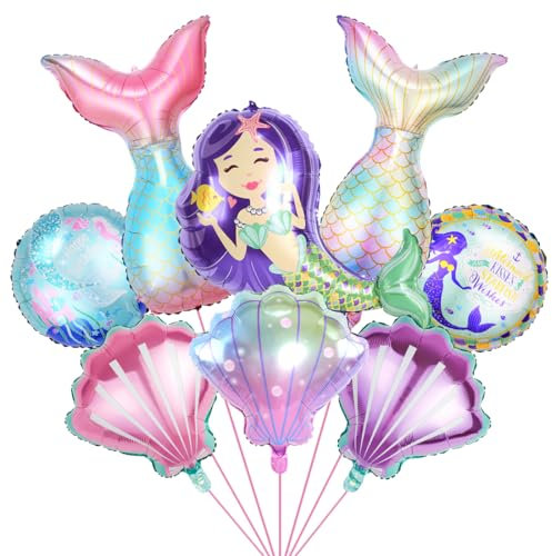 8 Stück Luftballon Meerjungfrau, XXL Folienballon Mermaid, Muschel Schwanz Ballon Set, Runde Meerjungfrau Helium Ballon für Mädchen Geburtstags Feier Festival Ozean Themen Party Hochzeit Dekoration