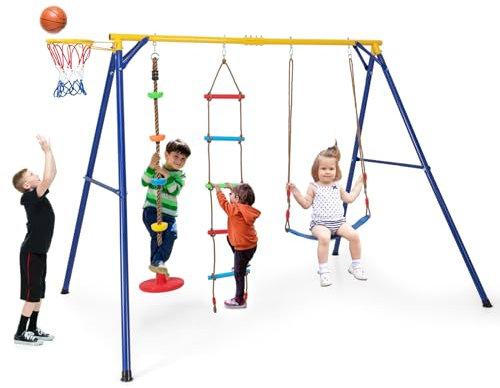 KOMFOTTEU Juego de Columpio 4 en 1 para Niños, Columpio Jardín Exterior con Estructura de Metal, Columpio Infantil con Escalera, Aro de Baloncesto, Parque Infantil con Carga 300 kg